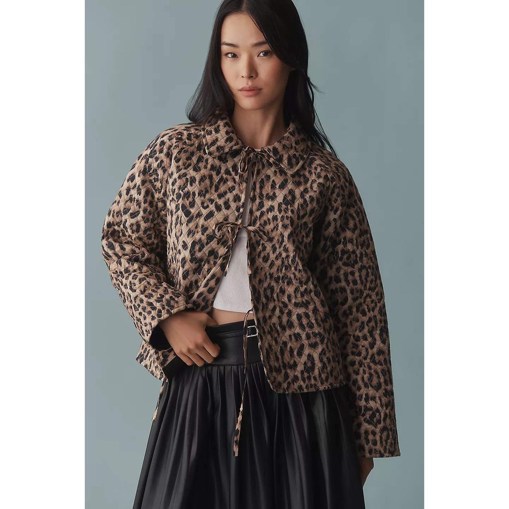 Let Me Be Leopard Print Quilted Tie Front Jacket Animal Print Tan Size XS